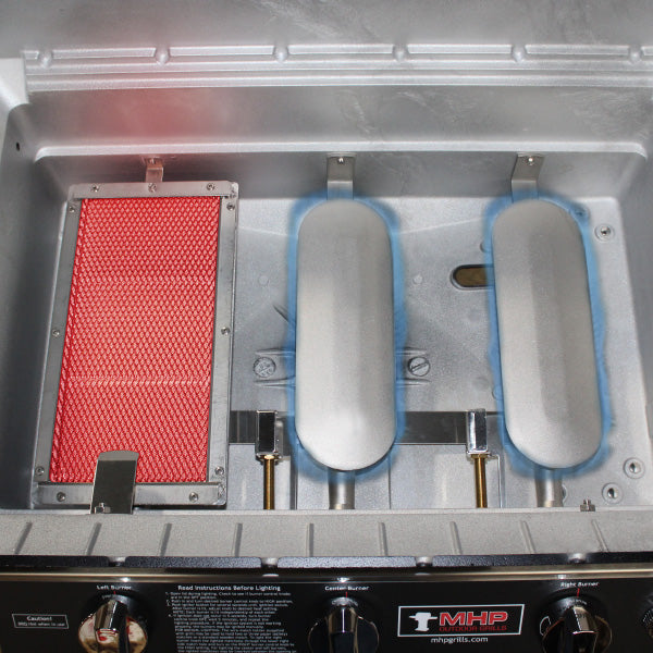 MHP Model WHRG4DD Hybrid Gas Grill on Bolt-Down Post & Base